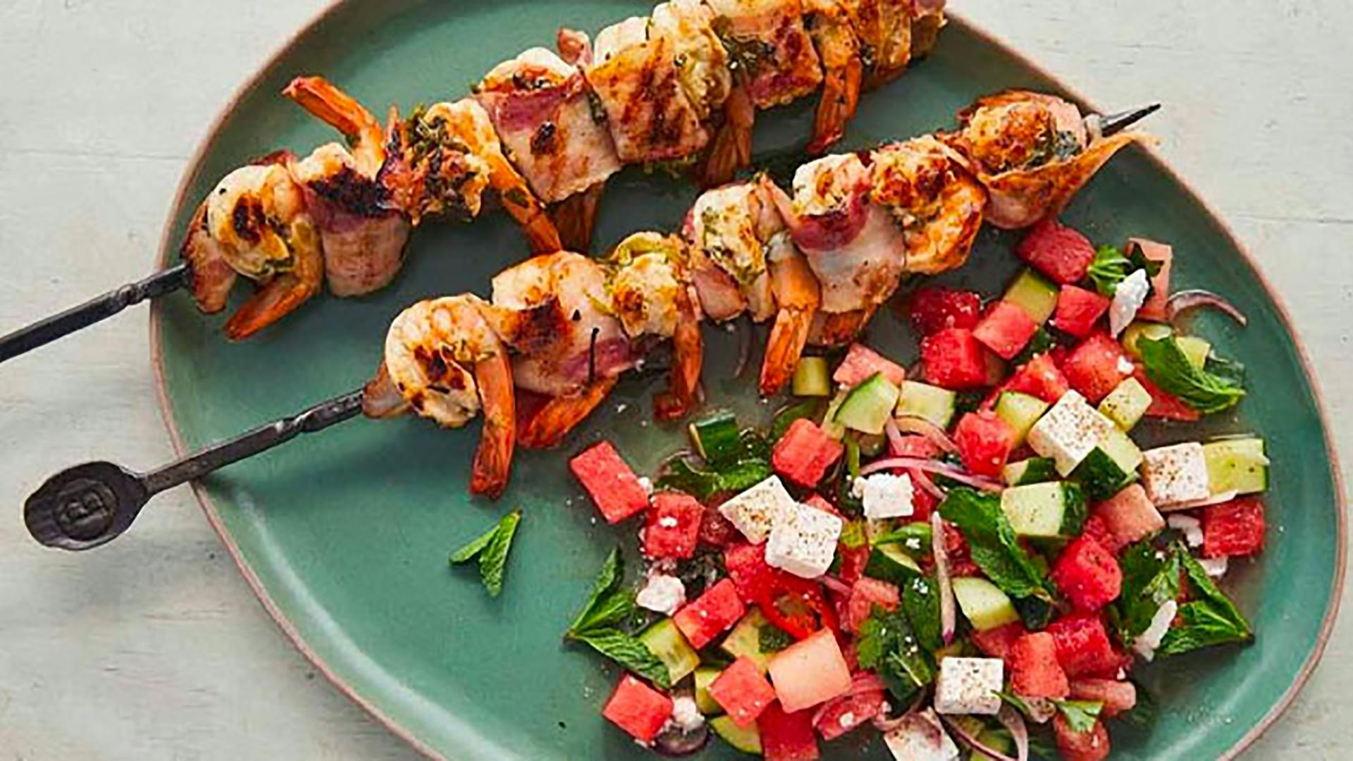BBQ Prawn Skewers with a Feta, Mint & Watermelon Salad